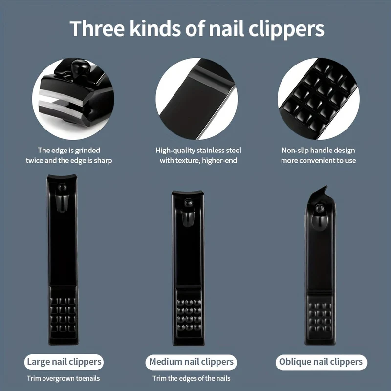 Euroselle 15-Piece Classic Black Nail Care Set For Hands, Feet, And Face Stainless Steel Tools