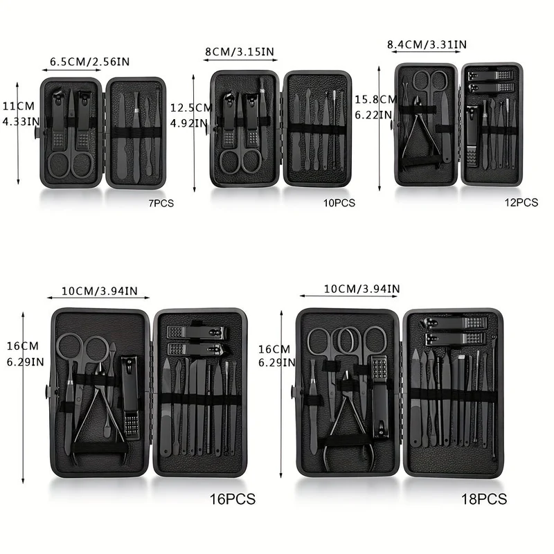 Euroselle 15-Piece Classic Black Nail Care Set For Hands, Feet, And Face Stainless Steel Tools