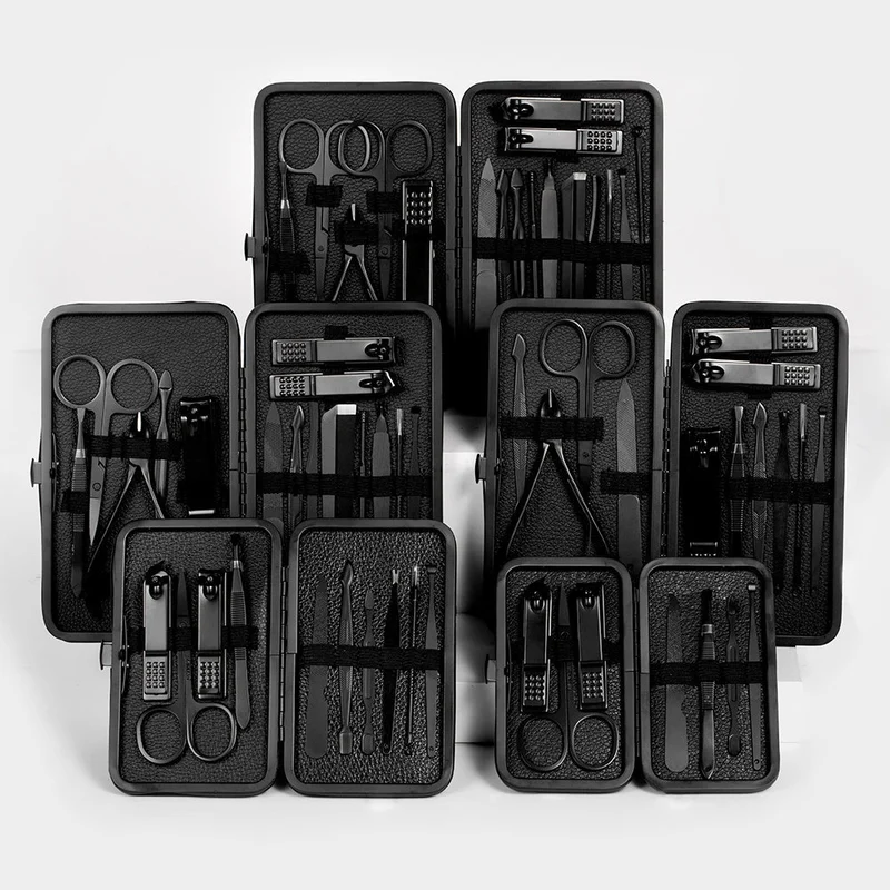 Euroselle 15-Piece Classic Black Nail Care Set For Hands, Feet, And Face Stainless Steel Tools