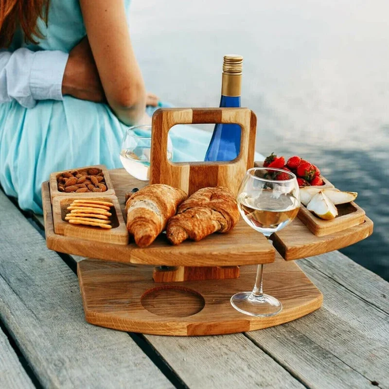 Euroselle Portable Wooden Folding Picnic Table With Snack Compartments For Outdoor Use