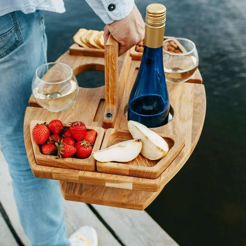 Euroselle Portable Wooden Folding Picnic Table With Snack Compartments For Outdoor Use