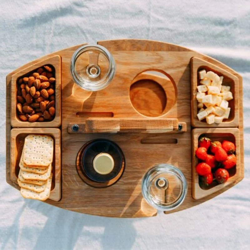 Euroselle Portable Wooden Folding Picnic Table With Snack Compartments For Outdoor Use