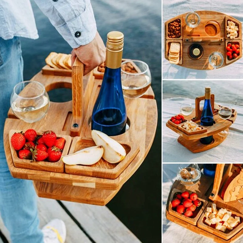 Euroselle Portable Wooden Folding Picnic Table With Snack Compartments For Outdoor Use