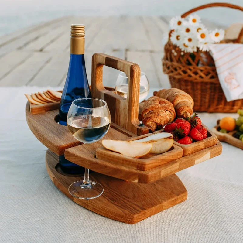 Euroselle Portable Wooden Folding Picnic Table With Snack Compartments For Outdoor Use