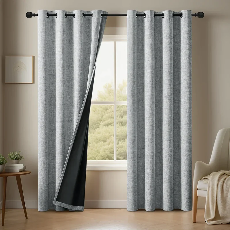 Euroselle NOCTAVIA 2 Panel 100% Blackout Linen Curtains With Tiebacks for Bedroom and Living Room