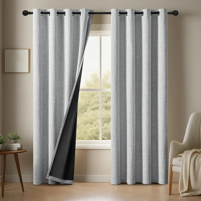 Euroselle NOCTAVIA 2 Panel 100% Blackout Linen Curtains With Tiebacks for Bedroom and Living Room