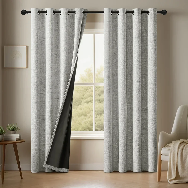 Euroselle NOCTAVIA 2 Panel 100% Blackout Linen Curtains With Tiebacks for Bedroom and Living Room