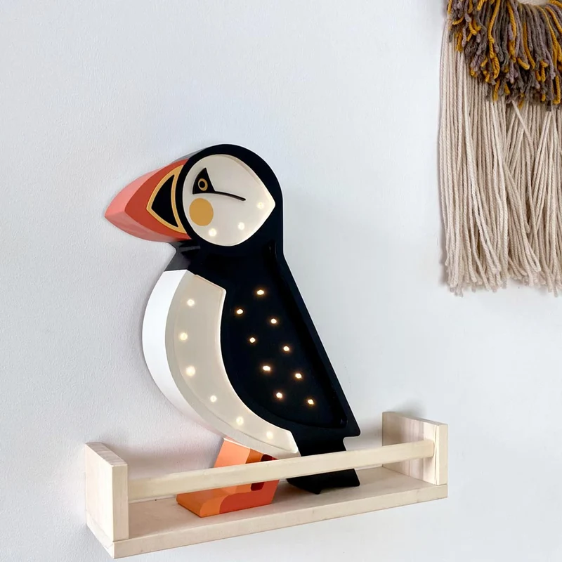 Handgemachte LED Holzlampe Puffin, 37,5 x 28 cm