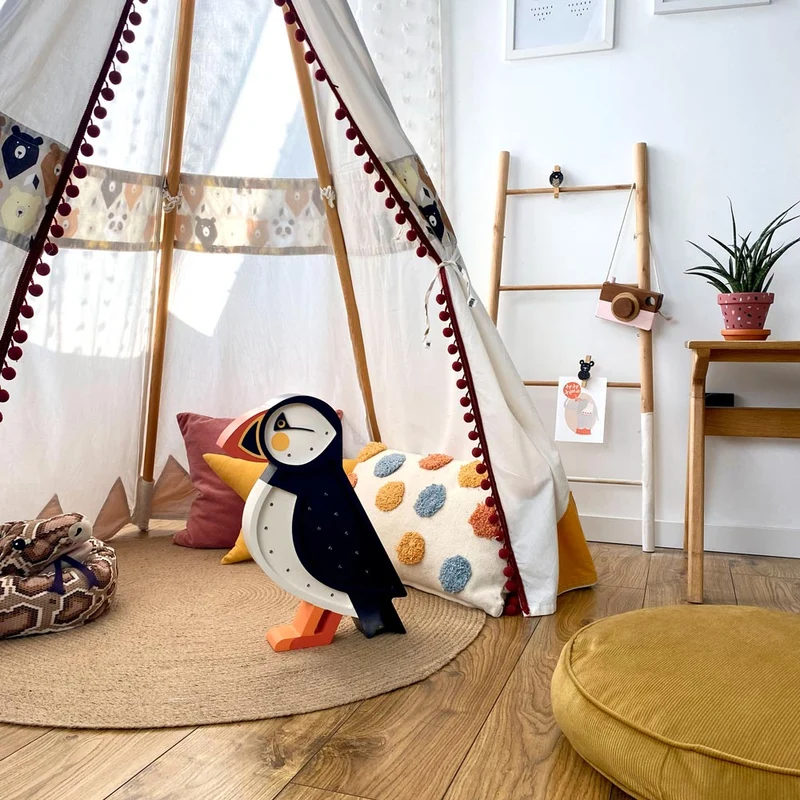 Handgemachte LED Holzlampe Puffin, 37,5 x 28 cm