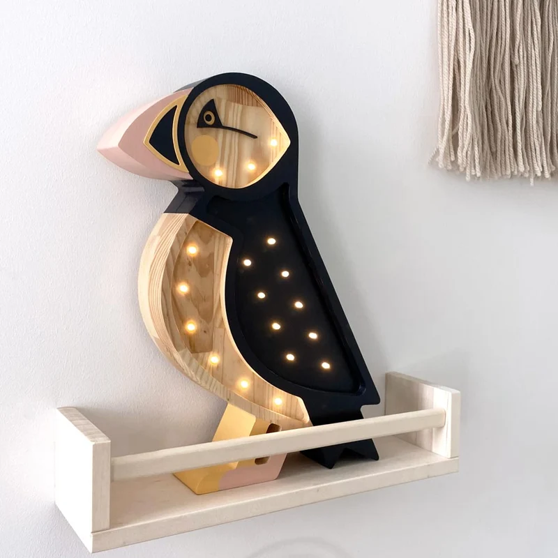 Handgemachte LED Holzlampe Puffin, 37,5 x 28 cm