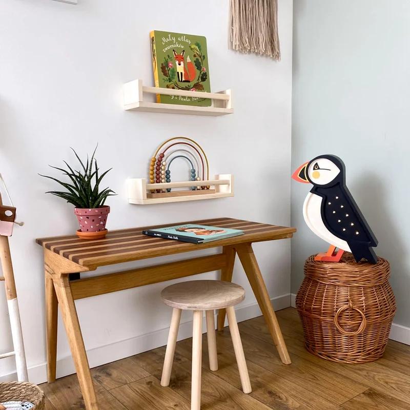 Handgemachte LED Holzlampe Puffin, 37,5 x 28 cm