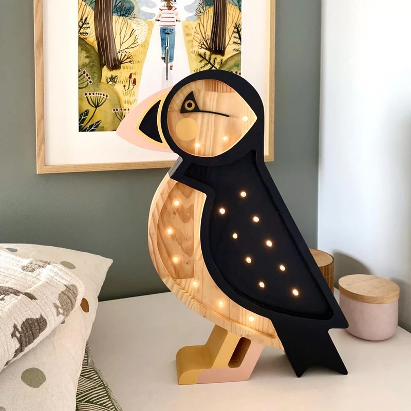 Handgemachte LED Holzlampe Puffin, 37,5 x 28 cm