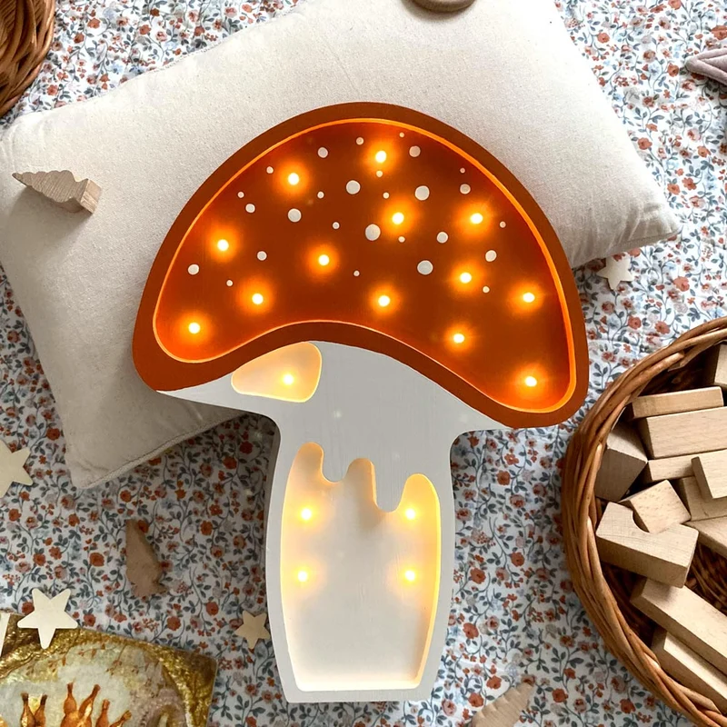 Handgemachte LED Holzlampe Pilz, 37,5 x 28,5 cm