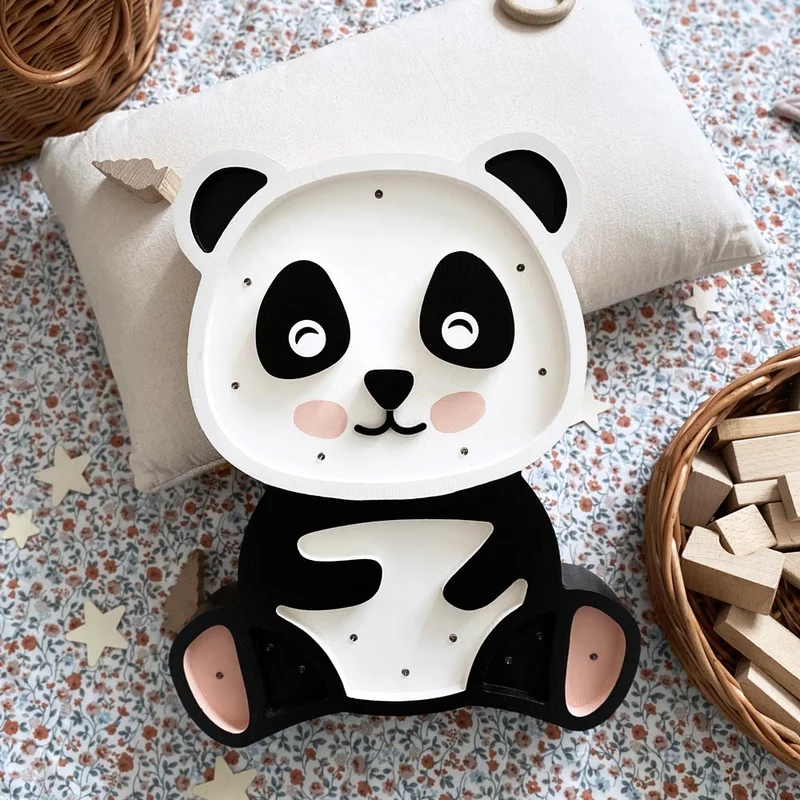 Handgemachte LED Holzlampe Panda, 36 x 28 cm