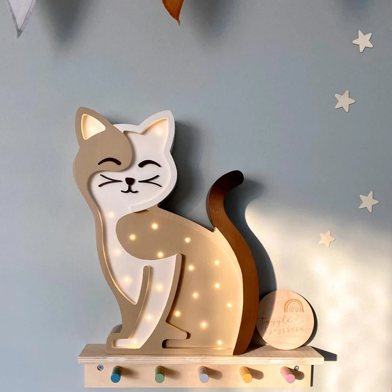 Handgemachte LED Holzlampe Katze, 37 x 28 cm