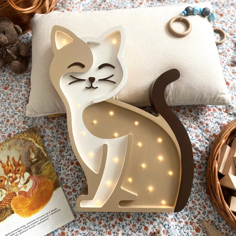 Handgemachte LED Holzlampe Katze, 37 x 28 cm