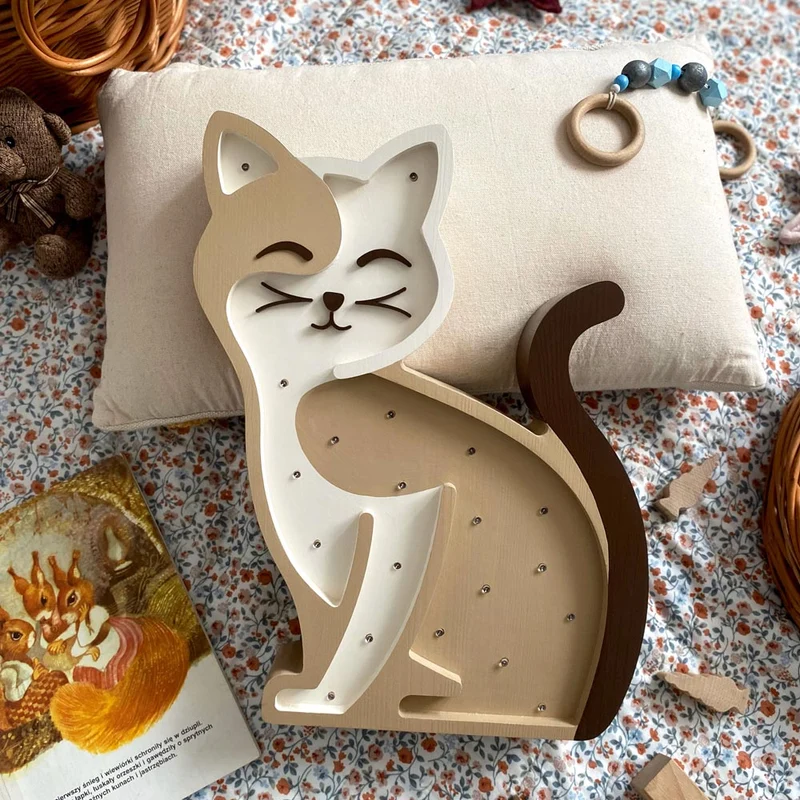 Handgemachte LED Holzlampe Katze, 37 x 28 cm