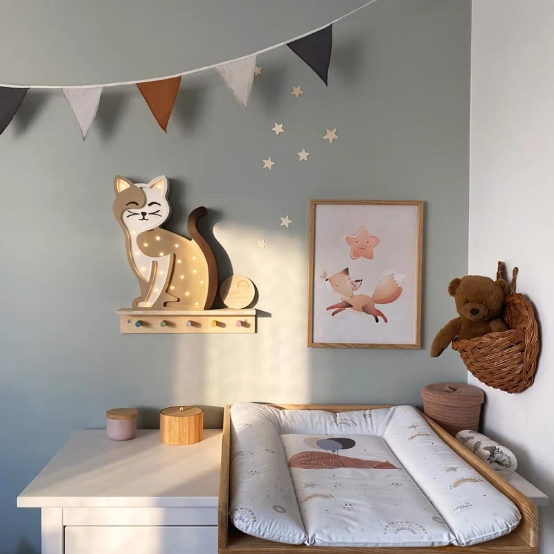 Handgemachte LED Holzlampe Katze, 37 x 28 cm