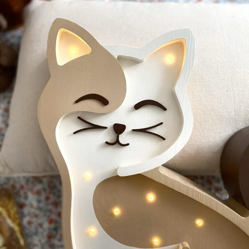 Handgemachte LED Holzlampe Katze, 37 x 28 cm