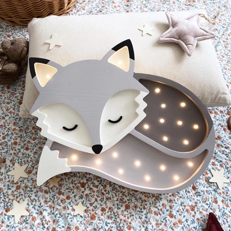 Handgemachte LED Holzlampe Fuchs, 29 x 36 cm