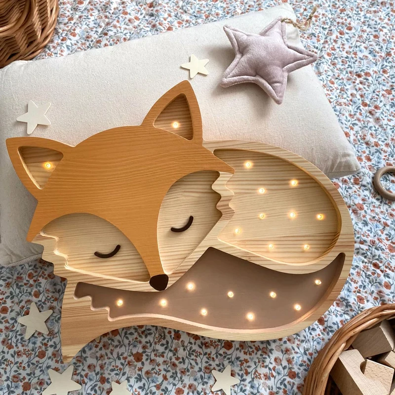 Handgemachte LED Holzlampe Fuchs, 29 x 36 cm