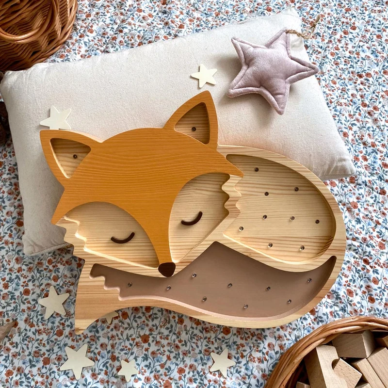 Handgemachte LED Holzlampe Fuchs, 29 x 36 cm