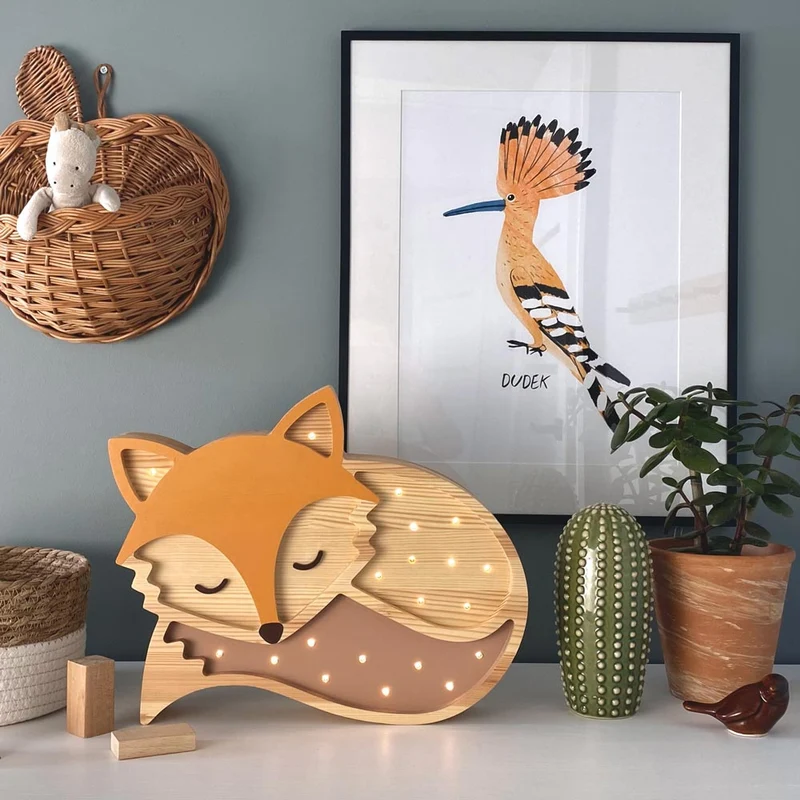 Handgemachte LED Holzlampe Fuchs, 29 x 36 cm