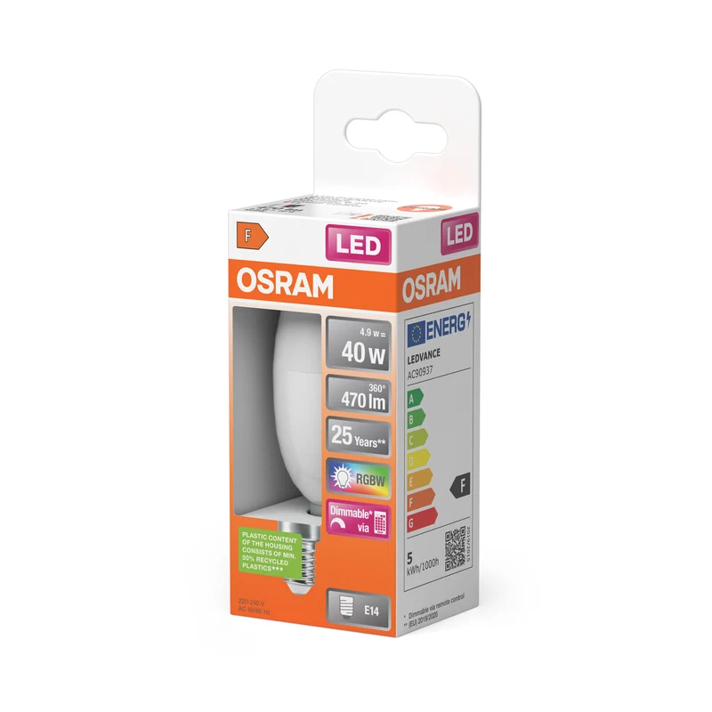 OSRAM LED Retrofit RGBW lamps with remote control in B-Form, LED-Lampe, Matt, 4,9 W, (ex 40 W), 470 lm, Warmweiß, 2700 K, Dimmbar, 25000 h, CRI 80, Fernbedienung