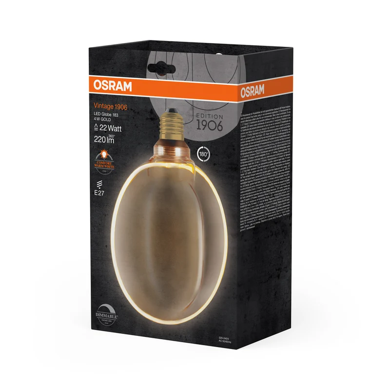 OSRAM VINTAGE 1906® LED Lampe LED CLASSIC GLOBE183 O - Form FILAMENT 4W 818 Gold E27, 220 lm, 1800 K, Comfort warm white