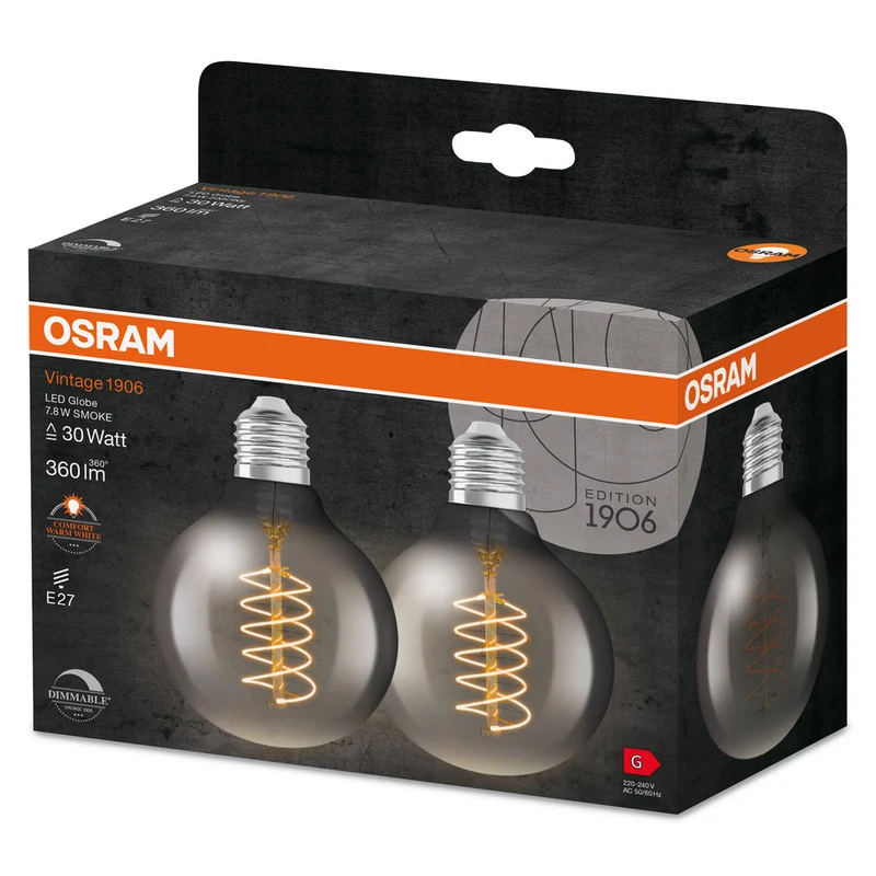OSRAM VINTAGE 1906® LED Lampe LED CLASSIC SLIM FILAMENT Globe DIMMABLE 7.8W 818 Smoke E27, 360 lm, 1800 K, Comfort warm white, 2er Pack