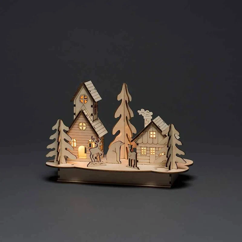 Weihnachtliche Dekoleuchte mit Haus und Tieren aus Holz Braun