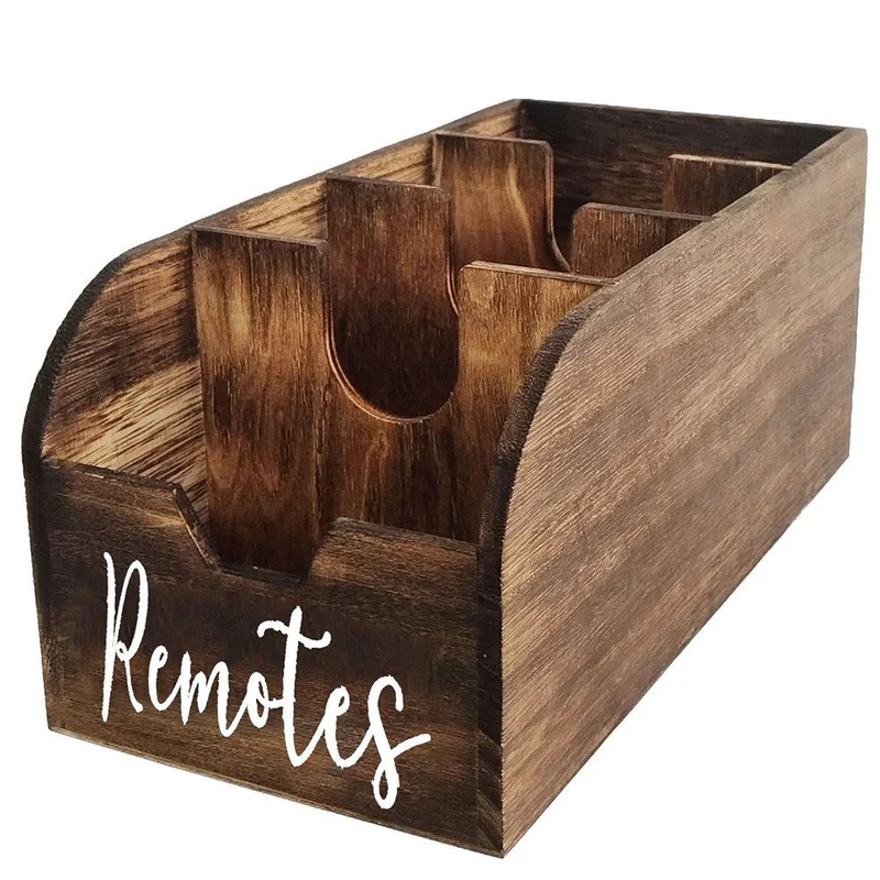 Euroselle 4-Compartment Wooden Remote Organizer Box No Electricity Needed