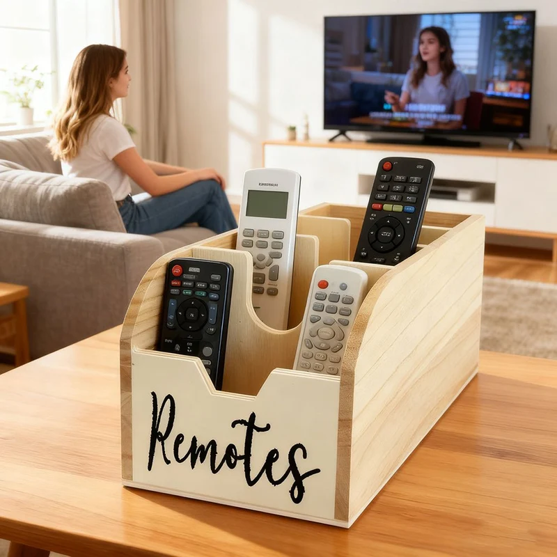 Euroselle 4-Compartment Wooden Remote Organizer Box No Electricity Needed