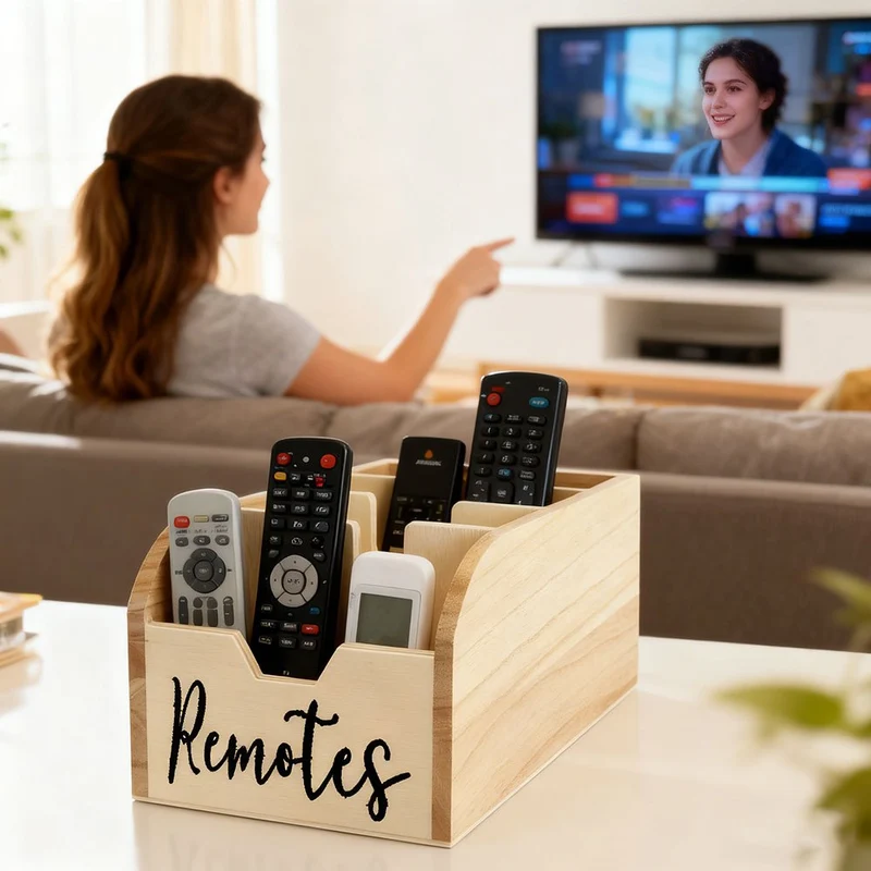 Euroselle 4-Compartment Wooden Remote Organizer Box No Electricity Needed