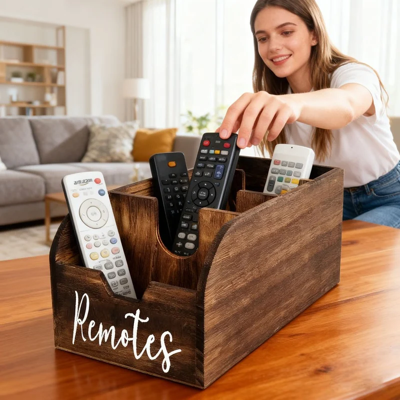 Euroselle 4-Compartment Wooden Remote Organizer Box No Electricity Needed