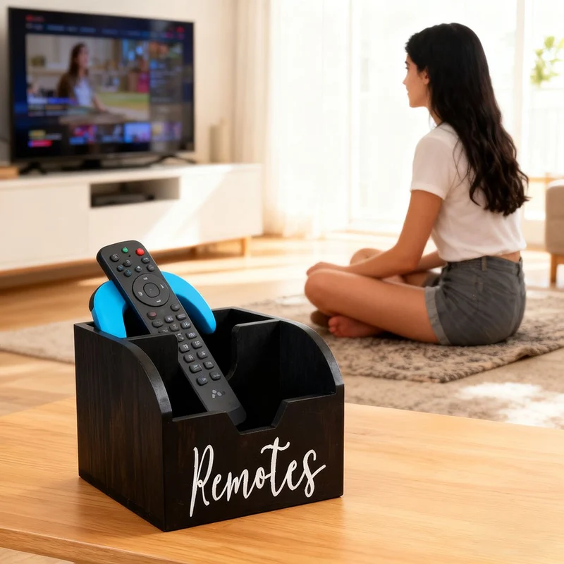 Euroselle 4-Compartment Wooden Remote Organizer Box No Electricity Needed