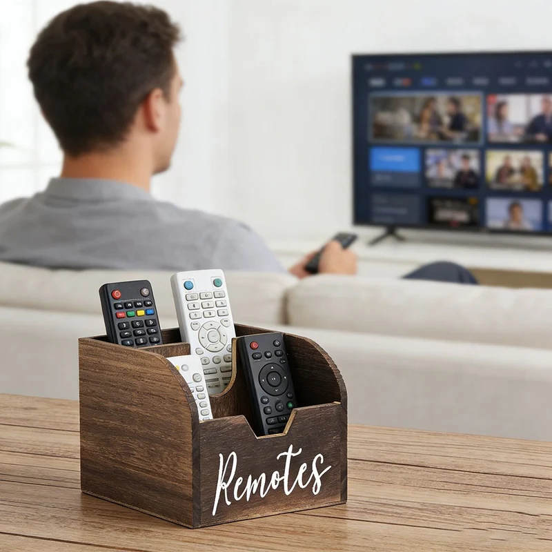 Euroselle 4-Compartment Wooden Remote Organizer Box No Electricity Needed