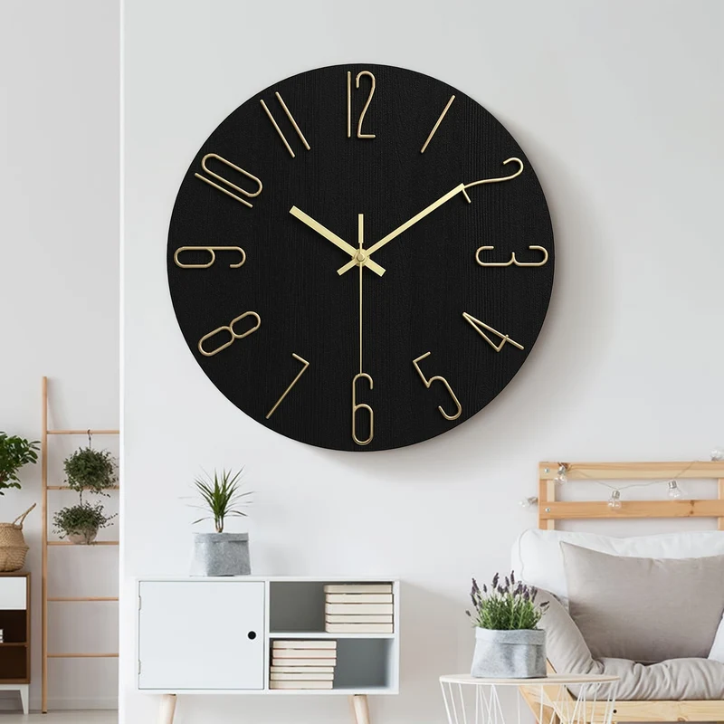 Euroselle Modern Minimalist Round Rimless Wall Clock In Black And Gold