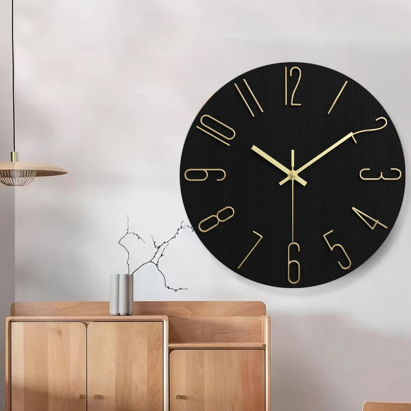 Euroselle Modern Minimalist Round Rimless Wall Clock In Black And Gold