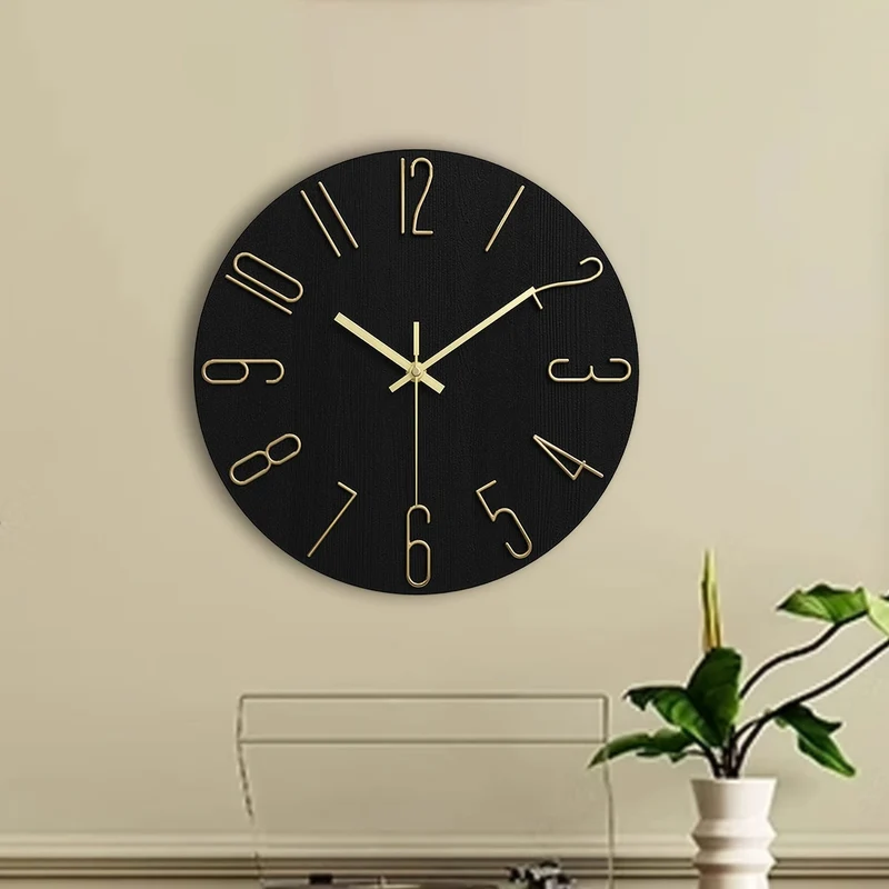 Euroselle Modern Minimalist Round Rimless Wall Clock In Black And Gold