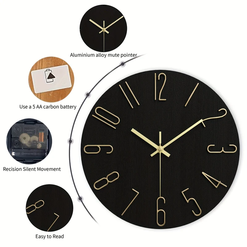 Euroselle Modern Minimalist Round Rimless Wall Clock In Black And Gold