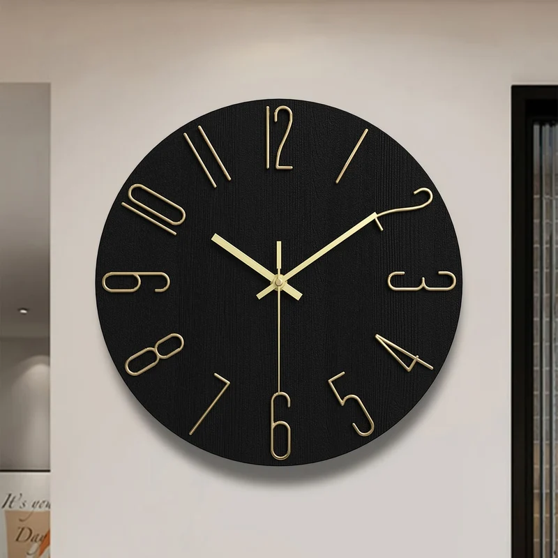 Euroselle Modern Minimalist Round Rimless Wall Clock In Black And Gold