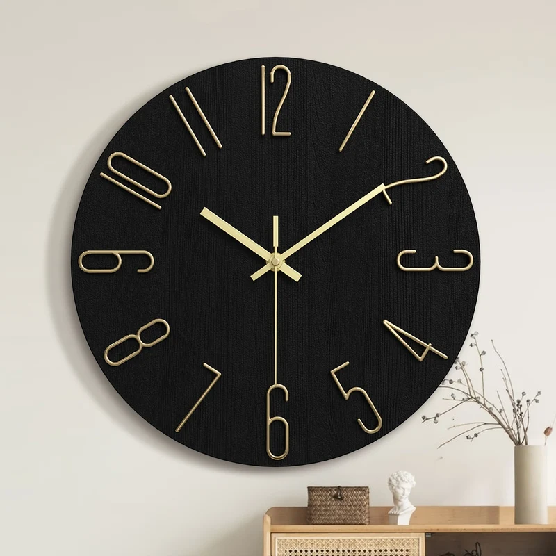 Euroselle Modern Minimalist Round Rimless Wall Clock In Black And Gold