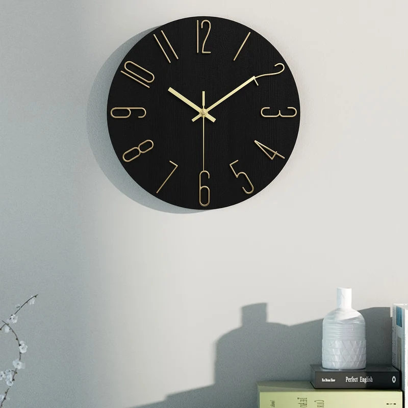 Euroselle Modern Minimalist Round Rimless Wall Clock In Black And Gold