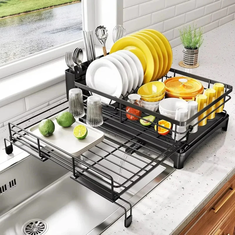 Euroselle Large Dish Drying Rack With Integrated Drip Tray For Countertop Protection