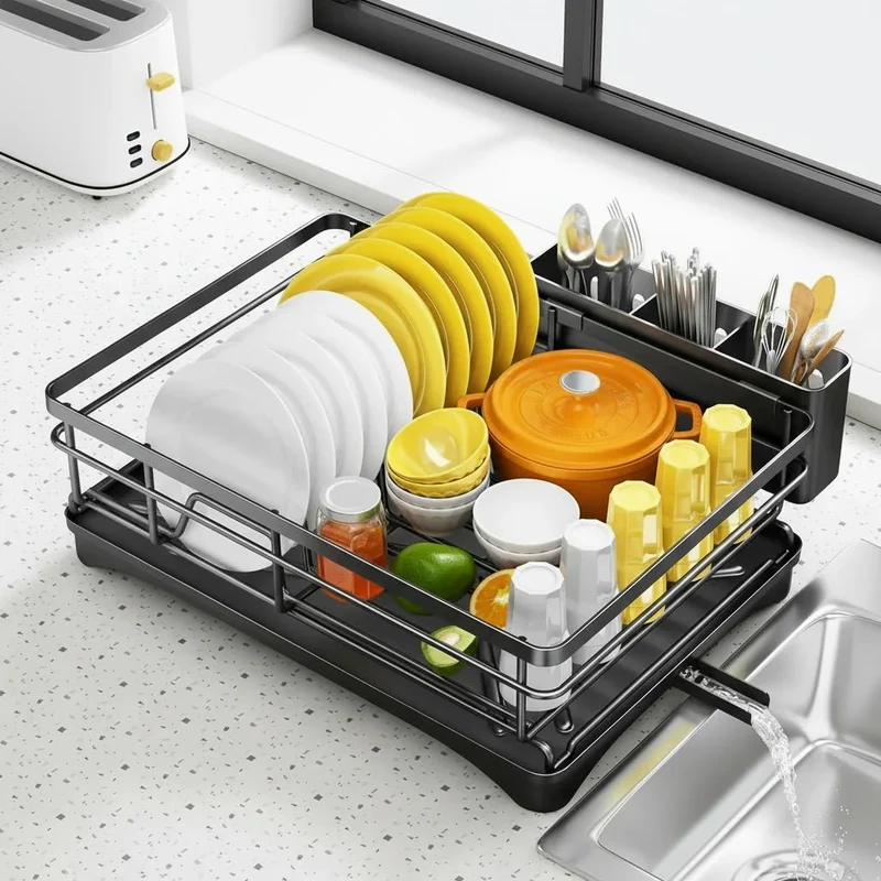 Euroselle Large Dish Drying Rack With Integrated Drip Tray For Countertop Protection