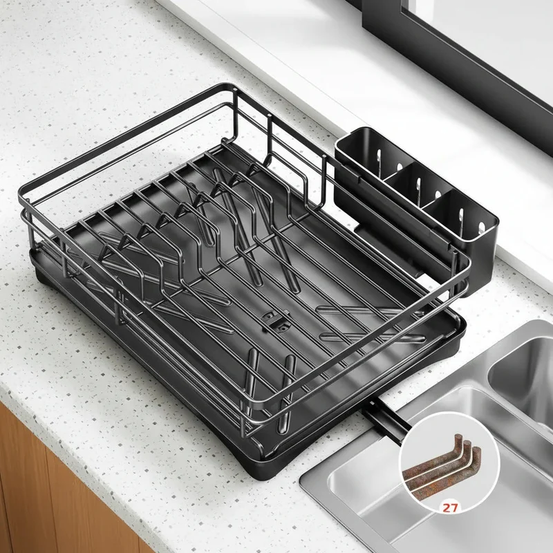 Euroselle Large Dish Drying Rack With Integrated Drip Tray For Countertop Protection
