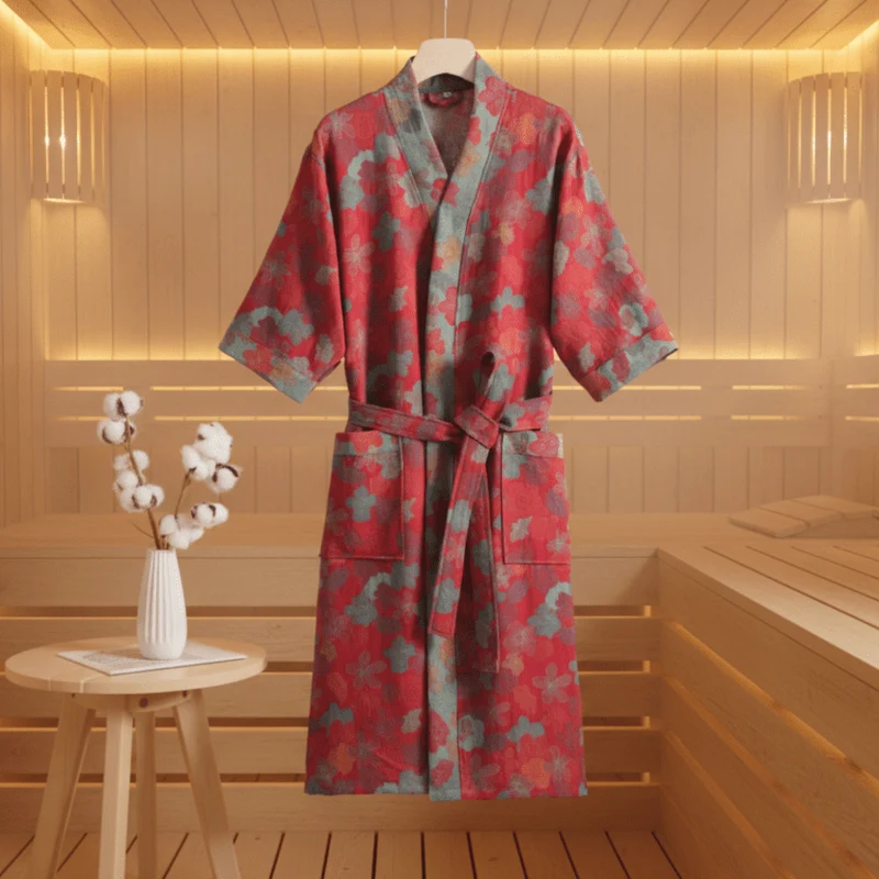 Reversible Organic Cotton Kimono Bathrobe With Ginkgo Leaf Motif Breathable Comfort Euroselle