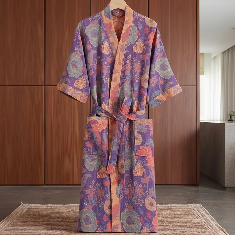Reversible Organic Cotton Kimono Bathrobe With Ginkgo Leaf Motif Breathable Comfort Euroselle