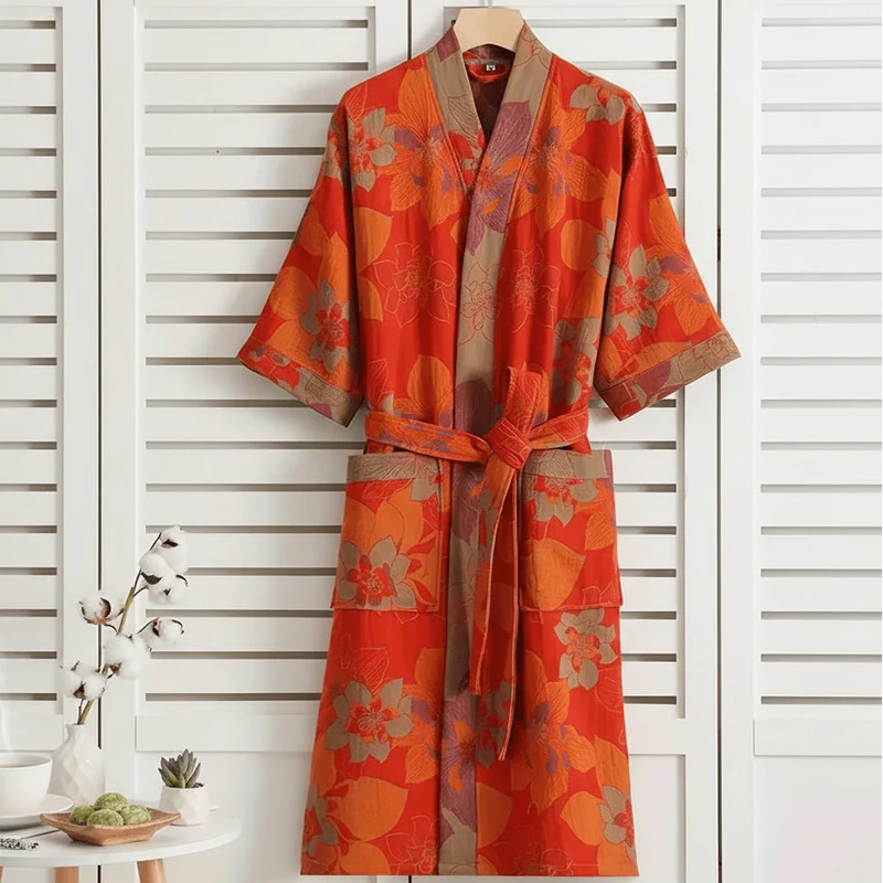 Reversible Organic Cotton Kimono Bathrobe With Ginkgo Leaf Motif Breathable Comfort Euroselle